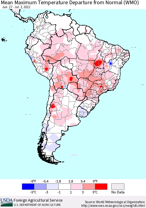 South America Mean Maximum Temperature Departure from Normal (WMO) Thematic Map For 6/27/2022 - 7/3/2022