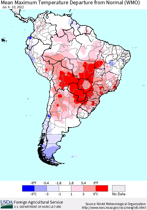 South America Mean Maximum Temperature Departure from Normal (WMO) Thematic Map For 7/4/2022 - 7/10/2022