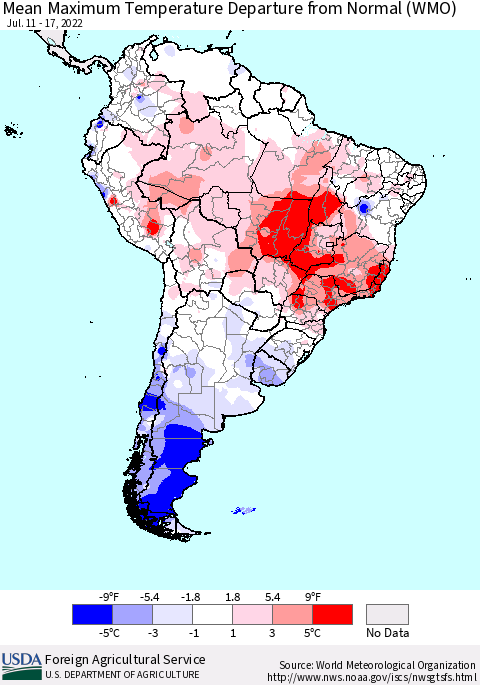 South America Mean Maximum Temperature Departure from Normal (WMO) Thematic Map For 7/11/2022 - 7/17/2022
