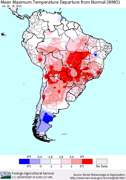 South America Mean Maximum Temperature Departure from Normal (WMO) Thematic Map For 7/18/2022 - 7/24/2022