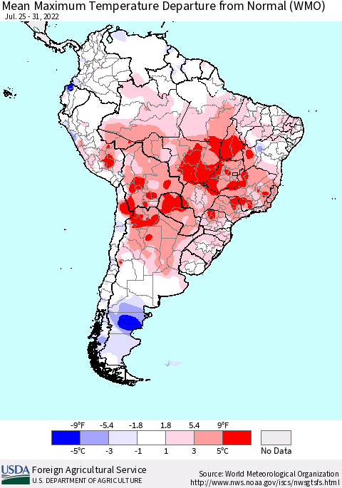 South America Mean Maximum Temperature Departure from Normal (WMO) Thematic Map For 7/25/2022 - 7/31/2022