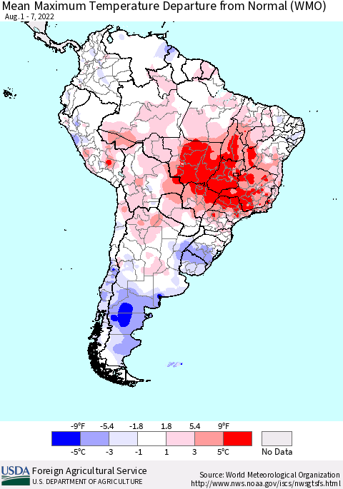 South America Mean Maximum Temperature Departure from Normal (WMO) Thematic Map For 8/1/2022 - 8/7/2022