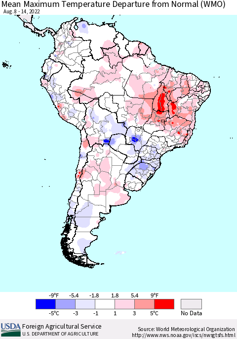 South America Mean Maximum Temperature Departure from Normal (WMO) Thematic Map For 8/8/2022 - 8/14/2022
