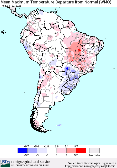 South America Mean Maximum Temperature Departure from Normal (WMO) Thematic Map For 8/15/2022 - 8/21/2022