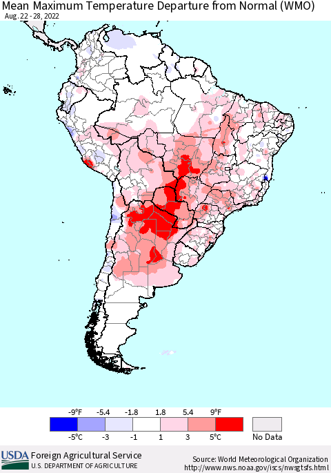 South America Mean Maximum Temperature Departure from Normal (WMO) Thematic Map For 8/22/2022 - 8/28/2022