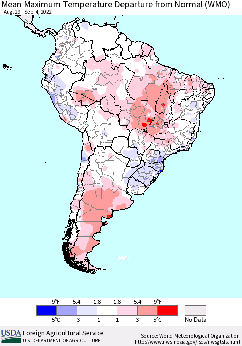 South America Mean Maximum Temperature Departure from Normal (WMO) Thematic Map For 8/29/2022 - 9/4/2022