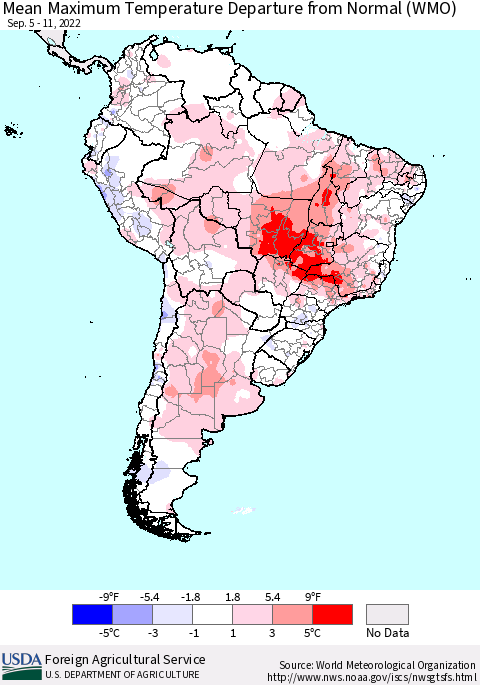 South America Mean Maximum Temperature Departure from Normal (WMO) Thematic Map For 9/5/2022 - 9/11/2022