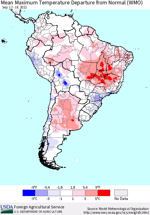 South America Mean Maximum Temperature Departure from Normal (WMO) Thematic Map For 9/12/2022 - 9/18/2022