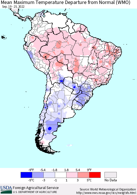 South America Mean Maximum Temperature Departure from Normal (WMO) Thematic Map For 9/19/2022 - 9/25/2022