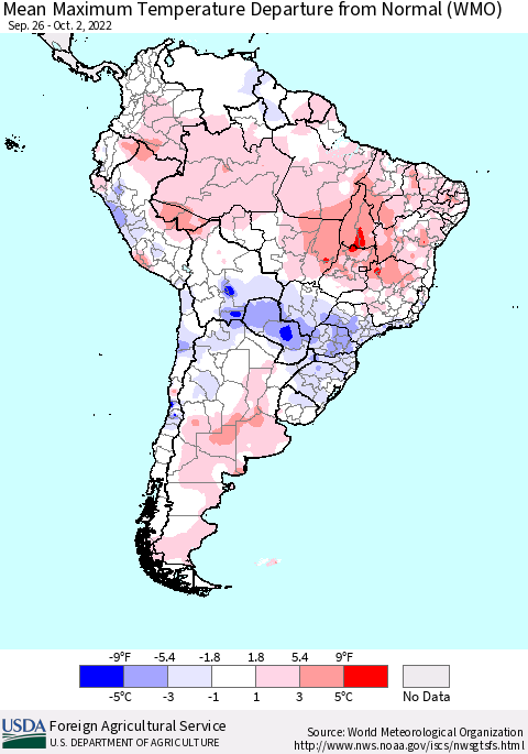 South America Mean Maximum Temperature Departure from Normal (WMO) Thematic Map For 9/26/2022 - 10/2/2022