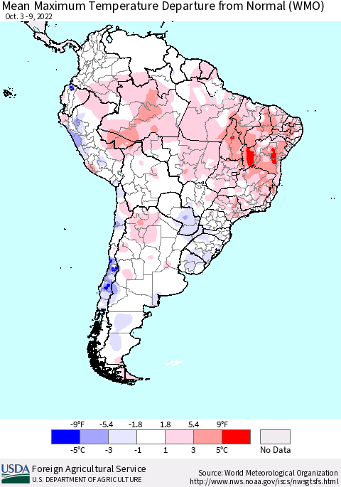 South America Mean Maximum Temperature Departure from Normal (WMO) Thematic Map For 10/3/2022 - 10/9/2022