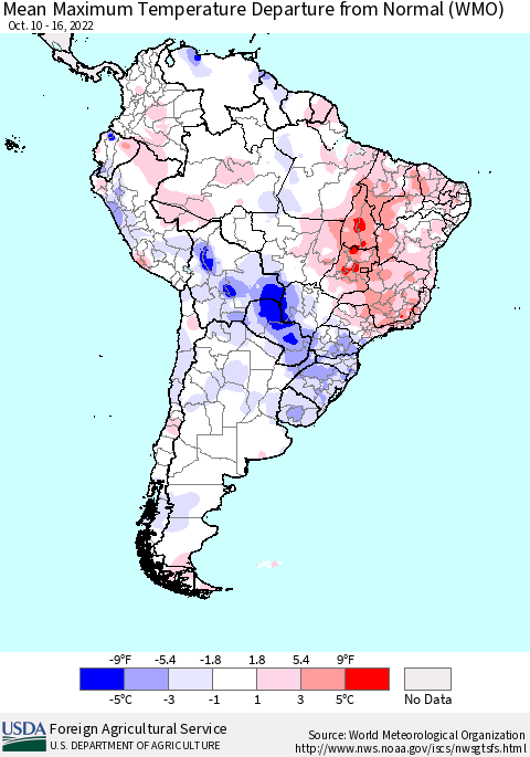South America Mean Maximum Temperature Departure from Normal (WMO) Thematic Map For 10/10/2022 - 10/16/2022
