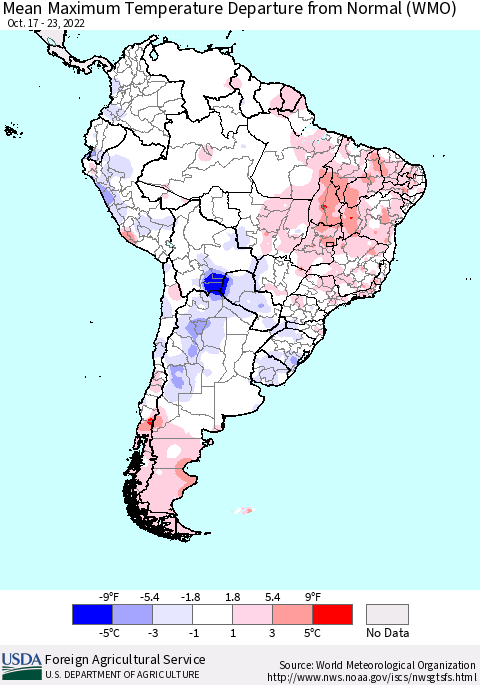 South America Mean Maximum Temperature Departure from Normal (WMO) Thematic Map For 10/17/2022 - 10/23/2022