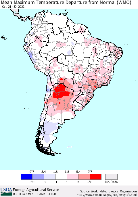South America Mean Maximum Temperature Departure from Normal (WMO) Thematic Map For 10/24/2022 - 10/30/2022