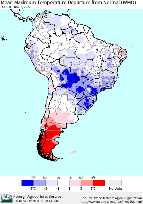 South America Mean Maximum Temperature Departure from Normal (WMO) Thematic Map For 10/31/2022 - 11/6/2022
