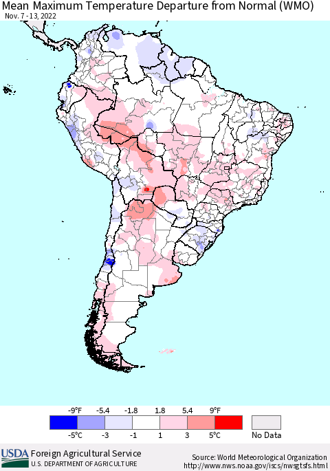 South America Mean Maximum Temperature Departure from Normal (WMO) Thematic Map For 11/7/2022 - 11/13/2022