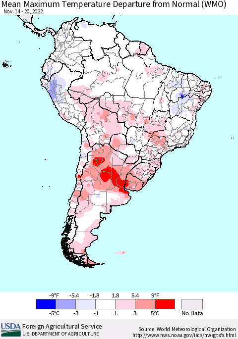 South America Mean Maximum Temperature Departure from Normal (WMO) Thematic Map For 11/14/2022 - 11/20/2022
