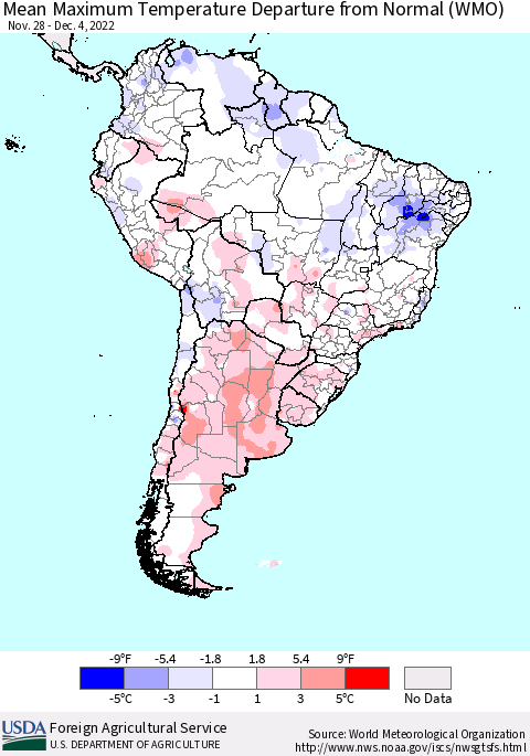 South America Mean Maximum Temperature Departure from Normal (WMO) Thematic Map For 11/28/2022 - 12/4/2022