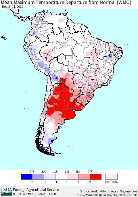 South America Mean Maximum Temperature Departure from Normal (WMO) Thematic Map For 12/5/2022 - 12/11/2022