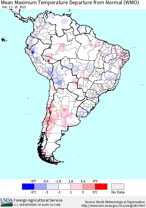 South America Mean Maximum Temperature Departure from Normal (WMO) Thematic Map For 12/12/2022 - 12/18/2022