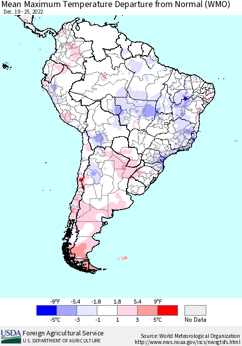 South America Mean Maximum Temperature Departure from Normal (WMO) Thematic Map For 12/19/2022 - 12/25/2022