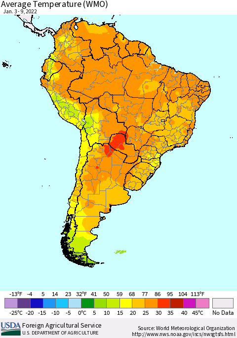 South America Average Temperature (WMO) Thematic Map For 1/3/2022 - 1/9/2022