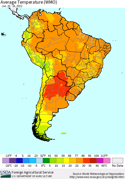 South America Average Temperature (WMO) Thematic Map For 1/10/2022 - 1/16/2022