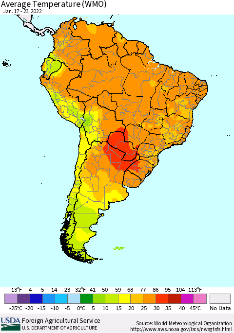 South America Average Temperature (WMO) Thematic Map For 1/17/2022 - 1/23/2022