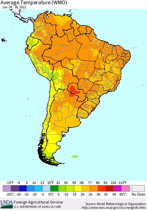 South America Average Temperature (WMO) Thematic Map For 1/24/2022 - 1/30/2022