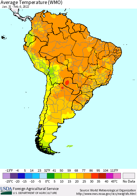 South America Average Temperature (WMO) Thematic Map For 1/31/2022 - 2/6/2022