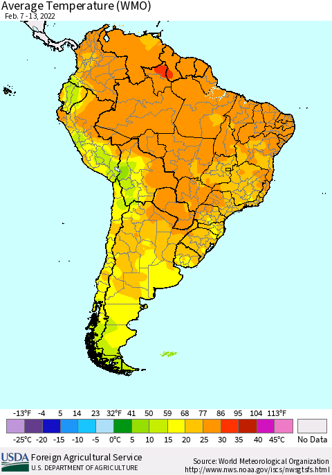 South America Average Temperature (WMO) Thematic Map For 2/7/2022 - 2/13/2022