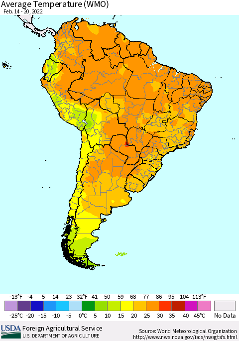 South America Average Temperature (WMO) Thematic Map For 2/14/2022 - 2/20/2022