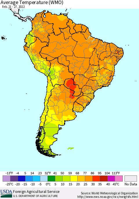 South America Average Temperature (WMO) Thematic Map For 2/21/2022 - 2/27/2022