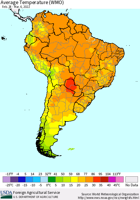 South America Average Temperature (WMO) Thematic Map For 2/28/2022 - 3/6/2022