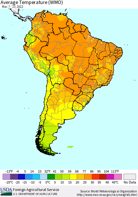 South America Average Temperature (WMO) Thematic Map For 3/7/2022 - 3/13/2022