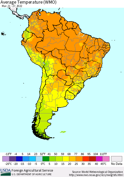 South America Average Temperature (WMO) Thematic Map For 3/21/2022 - 3/27/2022