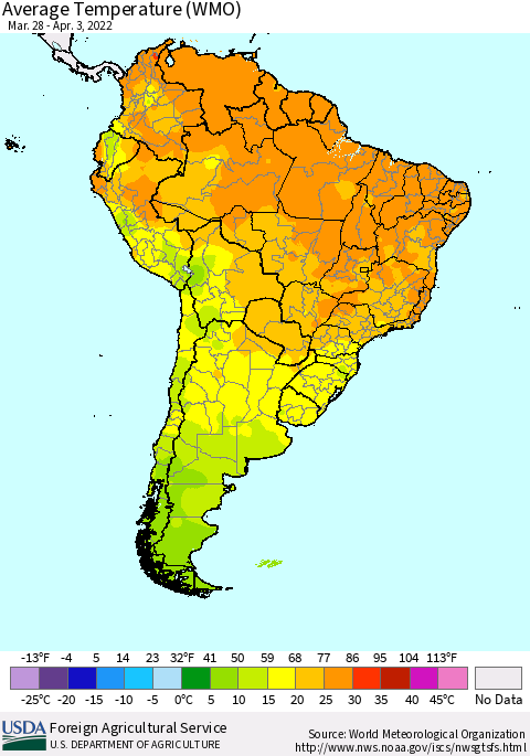 South America Average Temperature (WMO) Thematic Map For 3/28/2022 - 4/3/2022