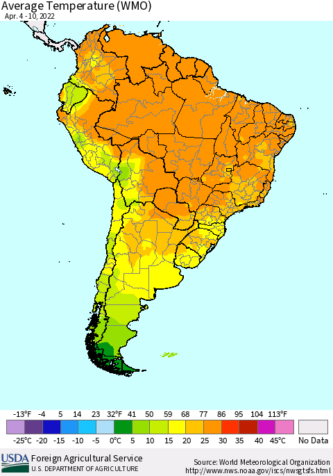 South America Average Temperature (WMO) Thematic Map For 4/4/2022 - 4/10/2022