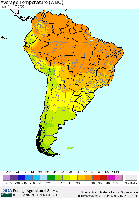 South America Average Temperature (WMO) Thematic Map For 4/11/2022 - 4/17/2022