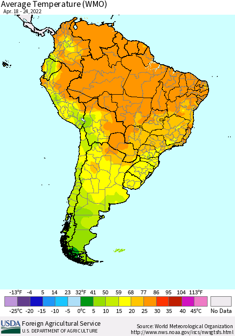 South America Average Temperature (WMO) Thematic Map For 4/18/2022 - 4/24/2022