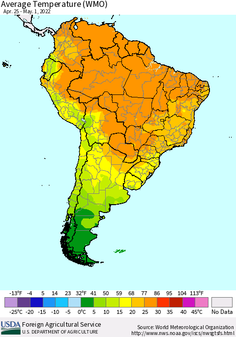 South America Average Temperature (WMO) Thematic Map For 4/25/2022 - 5/1/2022