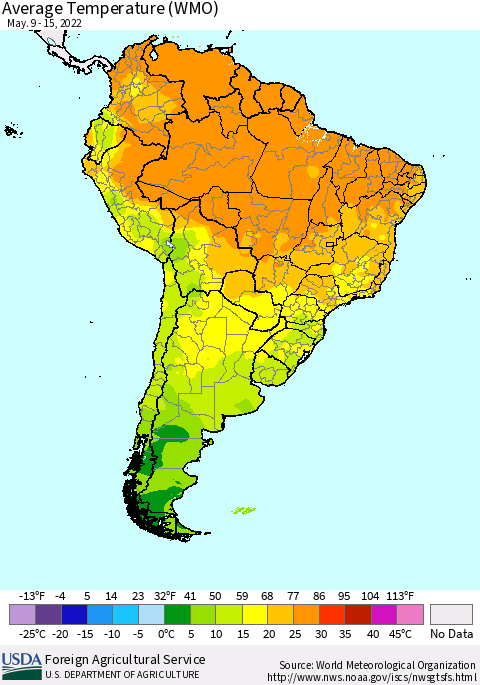 South America Average Temperature (WMO) Thematic Map For 5/9/2022 - 5/15/2022