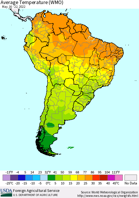 South America Average Temperature (WMO) Thematic Map For 5/16/2022 - 5/22/2022