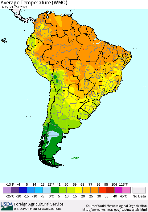 South America Average Temperature (WMO) Thematic Map For 5/23/2022 - 5/29/2022
