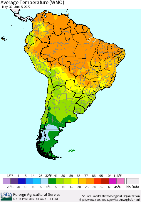 South America Average Temperature (WMO) Thematic Map For 5/30/2022 - 6/5/2022