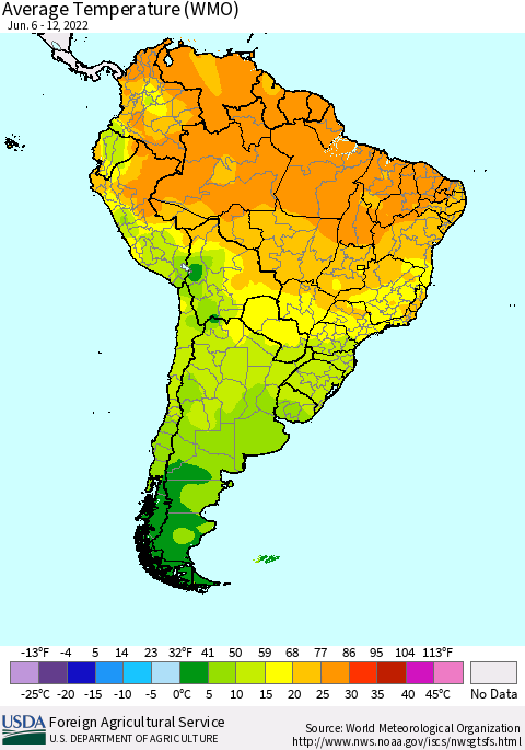 South America Average Temperature (WMO) Thematic Map For 6/6/2022 - 6/12/2022