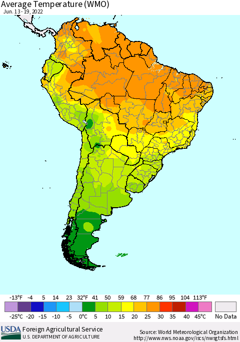 South America Average Temperature (WMO) Thematic Map For 6/13/2022 - 6/19/2022