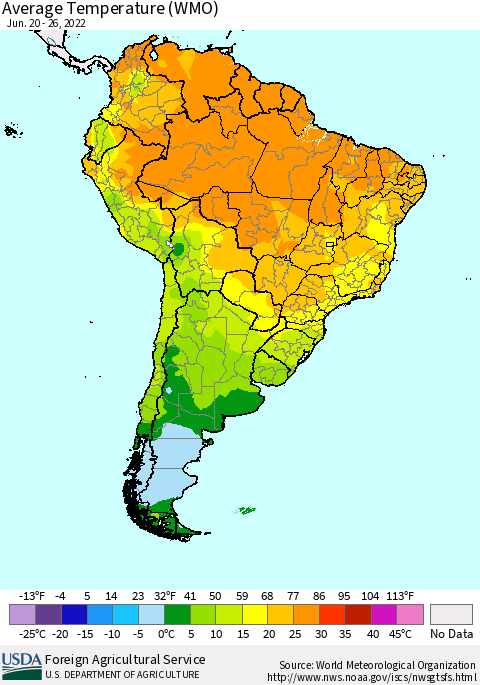 South America Average Temperature (WMO) Thematic Map For 6/20/2022 - 6/26/2022