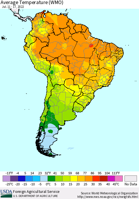 South America Average Temperature (WMO) Thematic Map For 7/11/2022 - 7/17/2022