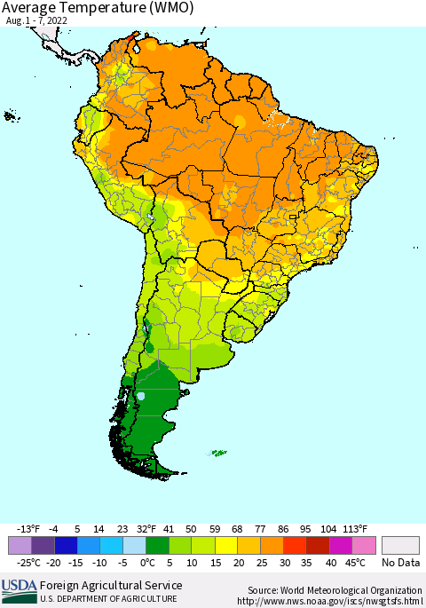 South America Average Temperature (WMO) Thematic Map For 8/1/2022 - 8/7/2022